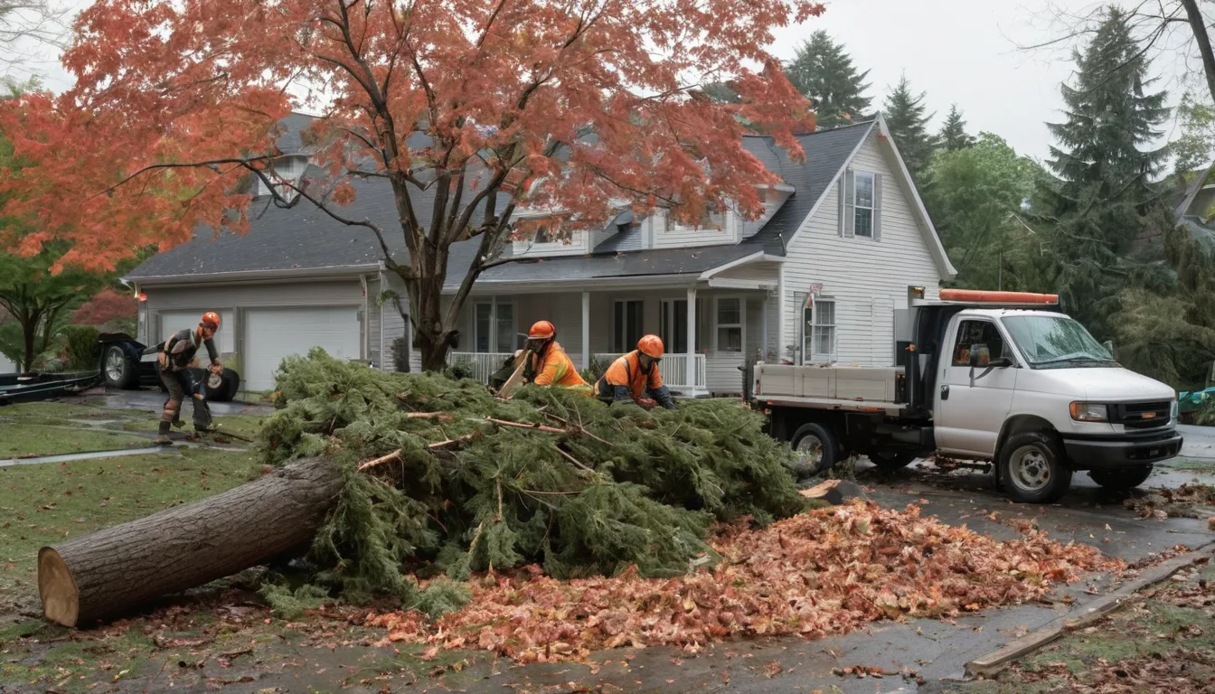 A local provider's crew safely clearing a storm-fallen tree from a home's front yard in the The Village of Indian Hill area